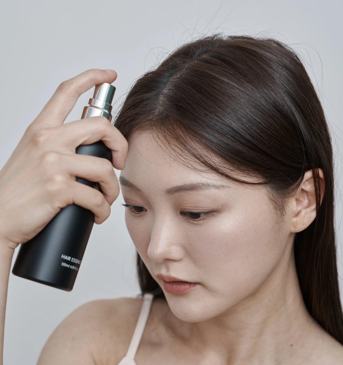 스프레이 토닉을 두피에 가까이 대고 영양 케어를 하는 여성